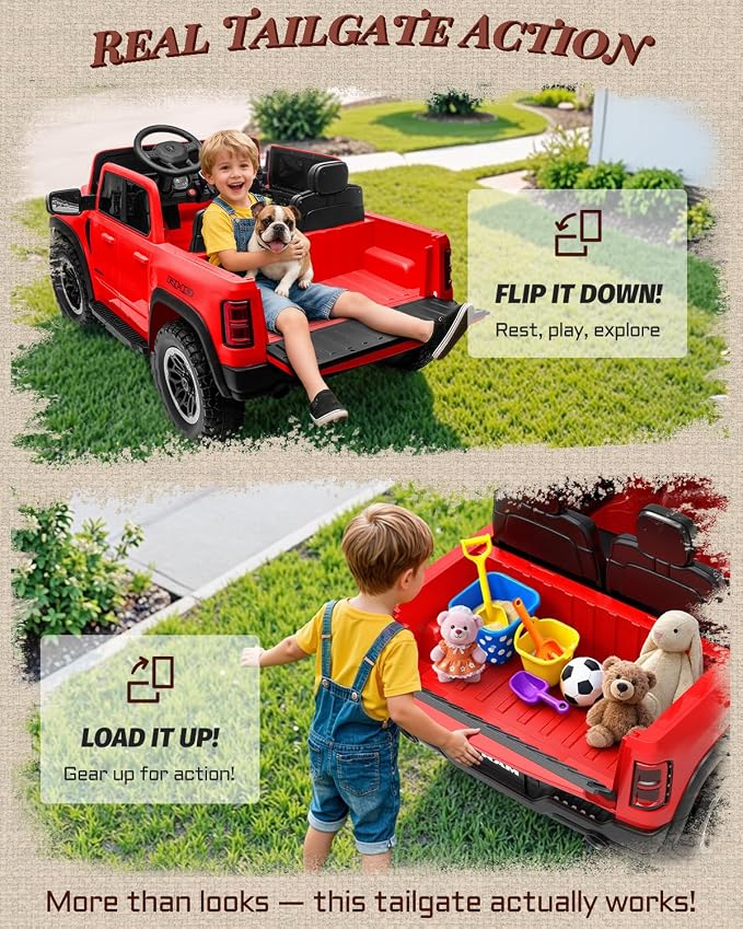 First Ride On 24V Ride On Toys for Big Kids, RAM 1500 2 Seater Ride on Car w/Remote, Battery Powered Truck w/ 4 Wheels Suspension, Toddler Car w/Bluetooth, LED Lights, Trunk