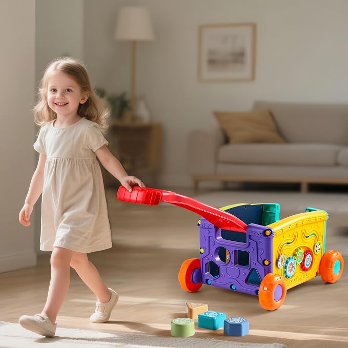 Baby Walker Musical Push Toy for Toddlers 18+ Months - Educational Activity Wagon with Building Blocks, Learning Walking Assistant with Adjustable Handle for Baby Boys & Girls