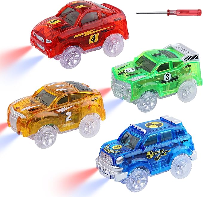 Track Cars Magic Toy Gifts 4 Pack Replacement Track Cars for 3 4 5 6 7 8 Years Old Kids Boys Girls Toy Track Cars with 5 LED Lights Glow in The Dark Compatible with Most Tracks