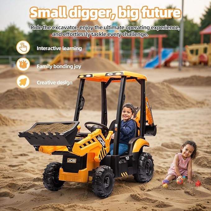 12V JCB Ride On Excavator with Remote Control, Kids Ride On Car 3–8, Front Loader & Backhoe Digging Arm, Tractor & Bulldozer Modes, Slow Start, Adjustable Speeds, Engine Start Sound (Yellow)