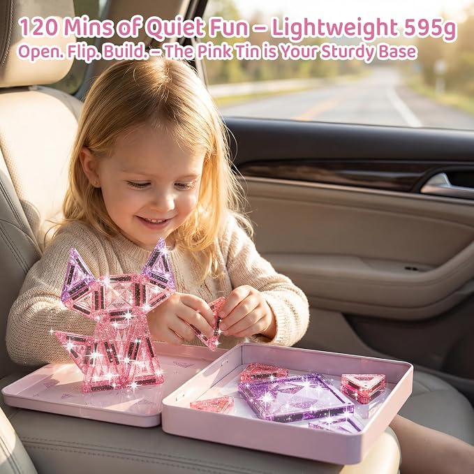 burgkidz Sparkling Glitter Magnetic Tiles for Girls Ages 3-8: 42PCS Pink & Purple Tiles with Storage Tin, Standard Size Compatible with Leading Brands, Dual Size Mix, Travel Friendly Birthday Gift