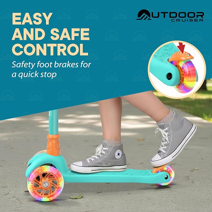 Outdoor Cruiser 3-Wheel Kids Scooter – with Lean-to-Steer Technology, Led Lighted Wheel, 4-Level Adjustable Height T-bar Handle, Support Kids Up to 150 Lbs, for Boys & Girls Ages 3-8, Aqua and Orange