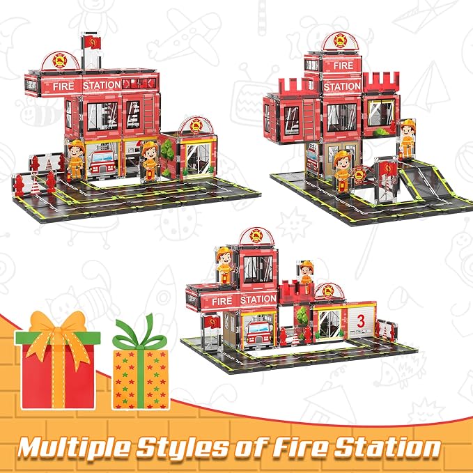 AFUNX Magnetic Tiles, 50PCS Fire Station Theme Building Blocks Set, Magnet Building Blocks and STEM Preschool Toys for Toddlers Kids Ages 3-5 5-7 8-10