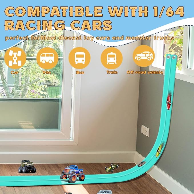 Flex Track 15 Ft Starter Set, Flexible Race Car Ramp Track for Ages 3 & Up with Suction Cups Compatible with Diecast 1/64th Cars