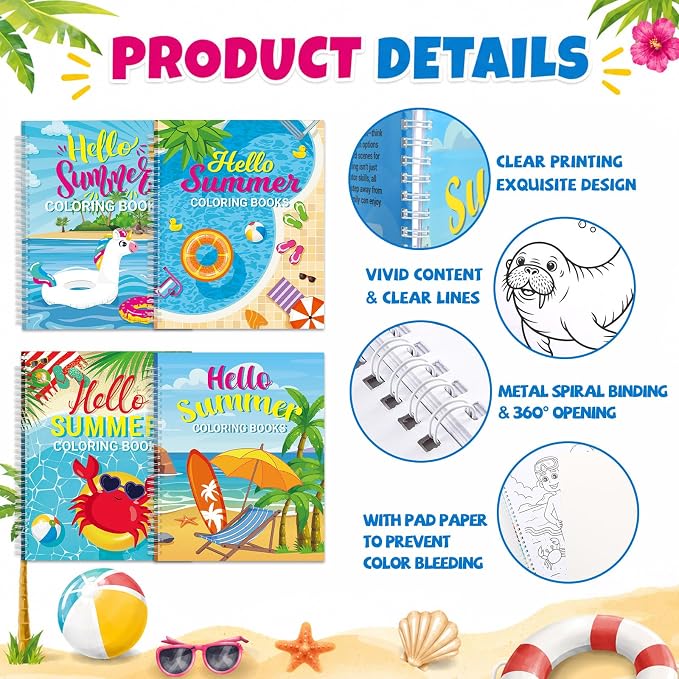 4 Pack Hello Summer Coloring Books 8.6x11 Inch Spiral Bound Coloring Books Bulk Summer Beach Activity Book DIY Crafts for Birthday Gifts Pool Party Favors Hawaiian Tropical Holiday Supplies