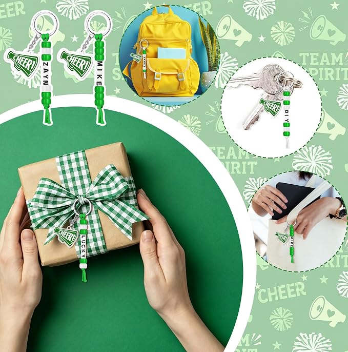 Suncalla 996 Pcs 24 Set Cheer Keychain Making Kit DIY Key Chain Crafts Cheerleader Gifts Cheerleading Bag Charms Adjustable Letter Beads Cards Strings Green Kit for Backpack Team Gift Sport Accessory
