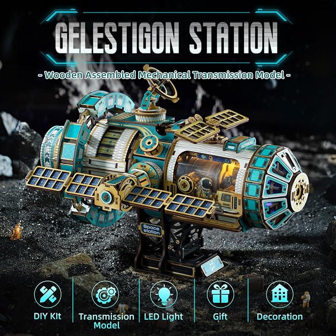 3D Wooden Puzzles International Space Station Model - Collectible Display Model with Interlocking Design, Motorized Solar Panels, Radar & Thrusters, LED Light Effects(Celestigon Station)