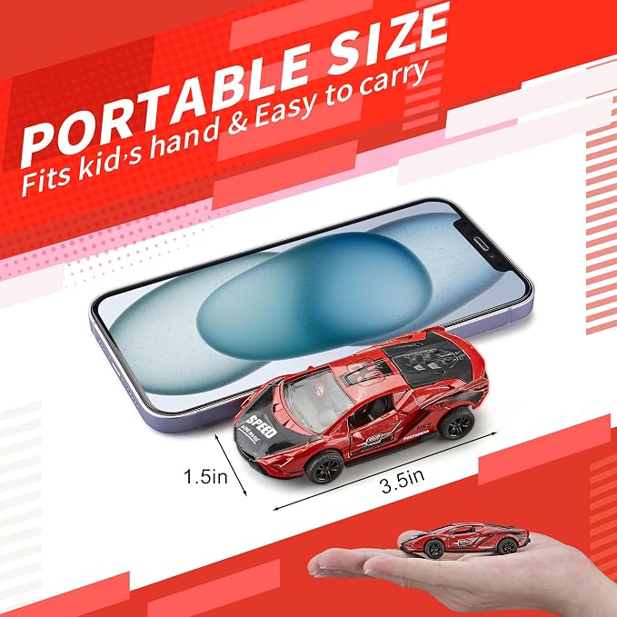 KIDAMI Pull Back Cars for Kids, Sports Car Die Cast Metal Toy Cars Playset with Door Openable, Vehicles Race Toys for Toddlers, Boys, Girls’ Educational Play (4 Pack)