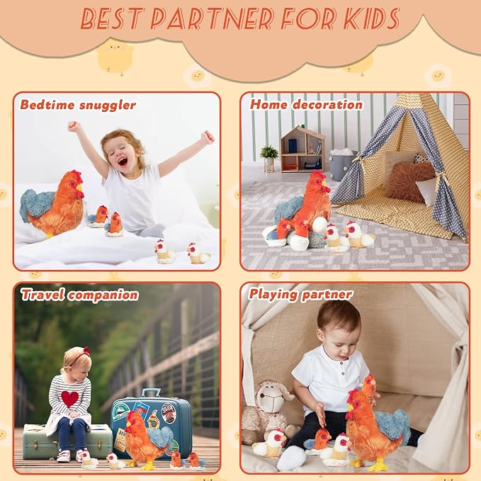 9 in 1 Chicken Stuffed Animal Set, Stuffed Chicken Plush Toy for Kids Zippered Egg Laying Hen with Coop Baby Chicks and Eggs, Chickens Toys for Kids Girls Boys Christmas Birthday Gift