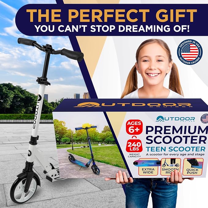Outdoor Cruiser Kick Scooter for Ages 6+, For Kids, Teens, and Adults, Max Load 250 LBS, Foldable, 8-inch Wheels for Kids and Adults, Dual Suspension, 3 Adjustable Levels, Child Safety Approved, White
