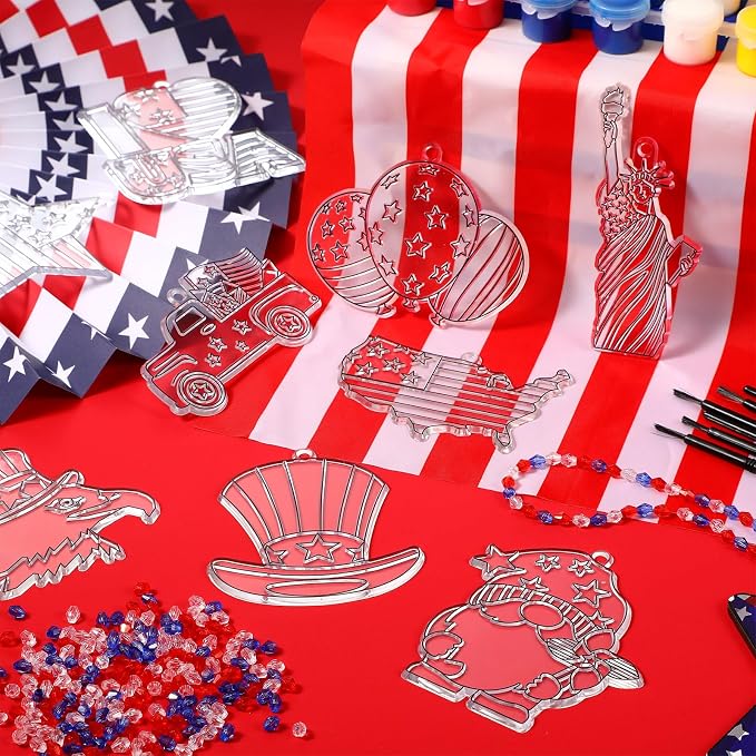 Pasimy 36 Sets 4th of July Arts Kit Patriotic Suncatchers Paint Your Own American Flag Window Hanging Ornaments Decorations Red Blue White Art Gifts for Independence Day Party Classroom Activity
