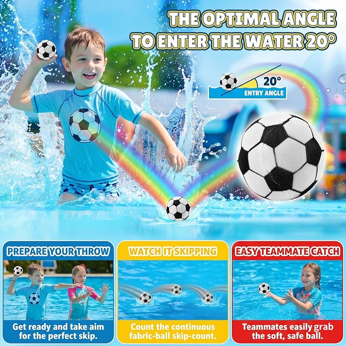 Water Skipping Ball Pool Water Toy, 3 Pack Water Bouncing Ball Soccer Design Skip Balls, Summer Beach Swim Toys Games for Kids and Adult Games