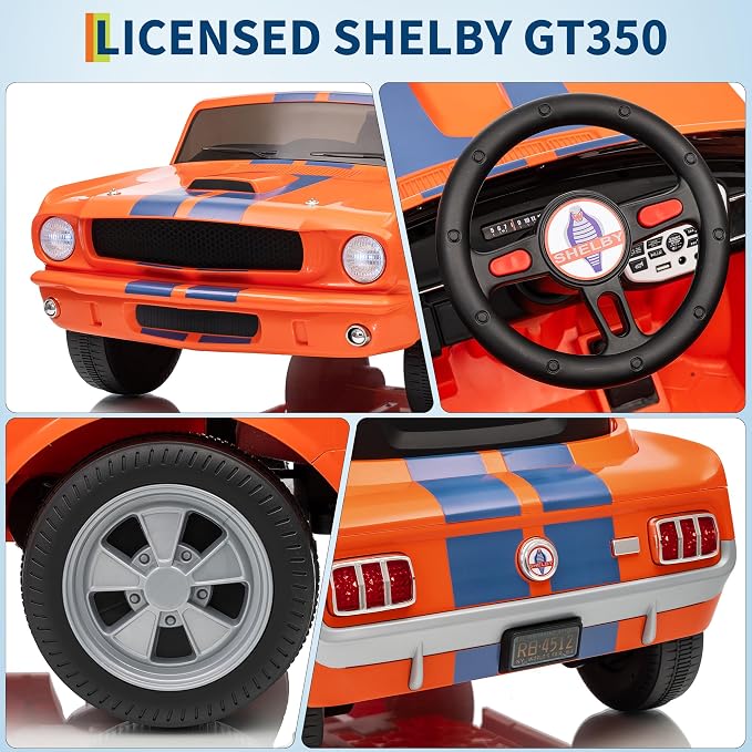 Garvee 24V 2 Seater Ride on Licensed Shelby GT350, Battery Powered Ride on Toys for Kids with Remote Control, Ford Shelby Kids Electric Vehicle 2 Seat, Safety Belt, 2 Speeds, LED Lights, Orange