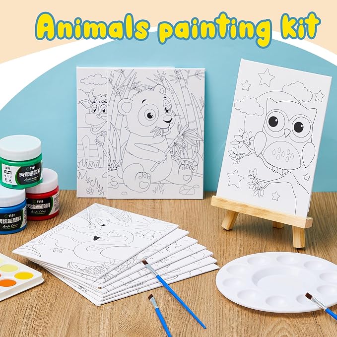 Ireer 84 Pcs 12 Sets Paint Party Kits Animal Pre Drawn Canvas, Wooden Easel, Paintbrushes, Palette, Acrylic Paints and Aprons, Pre Drawn Canvas to Paint for DIY Birthday Party Gift(5 x 7 Inches)