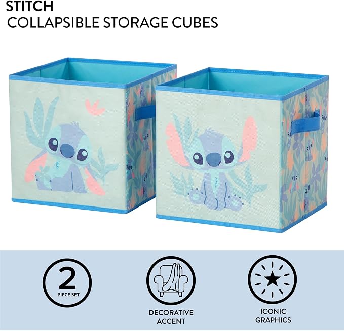 Stitch Storage Cubes Set of 2 Durable Fabric Bins with Handles, 10"x10"x10" Collapsible Cube Organizers