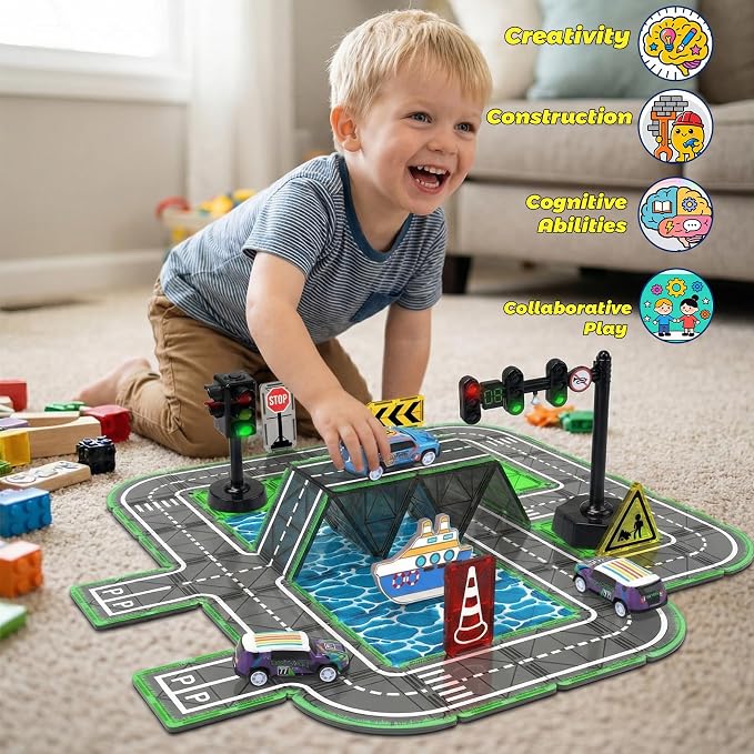 Magnetic Road Tiles Set with Pull-Back Cars,Magnet Building Blocks for Kids Ages 4-8 with Magnetic Ship & Traffic Lights,STEM Educational Preschool Learning Toys,Ideal Gift for Boys and Girls
