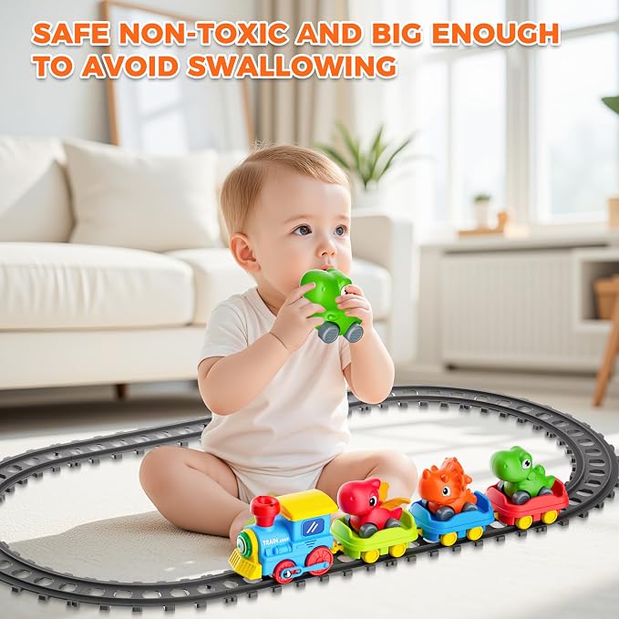 Train Set for Toddlers with Steam, Music, Lights and 3 Dinosaur Cars | Electric train fun meets dinosaur play with music, lights and a gentle steam effect.