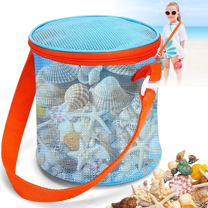 Vodolo Sea Shell Bags for Beach,Large Mesh Seashell Holder for Adults,Shelling Collecting Tools Travel Sand Toys Storage Bucket for Sandbox,Beach Vacation Essentials,Beach Must Haves Sand Box Toy Bag