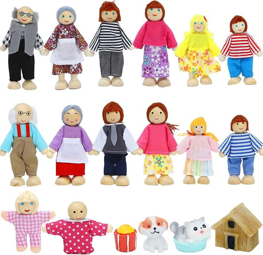 ONEST 18 Pieces Wooden Dollhouse Family Set Mini People Figures Dog Cat Sets Dollhouses Dolls Wooden Doll Family Pretend Play Figures Accessories for Pretend Dollhouse Toy