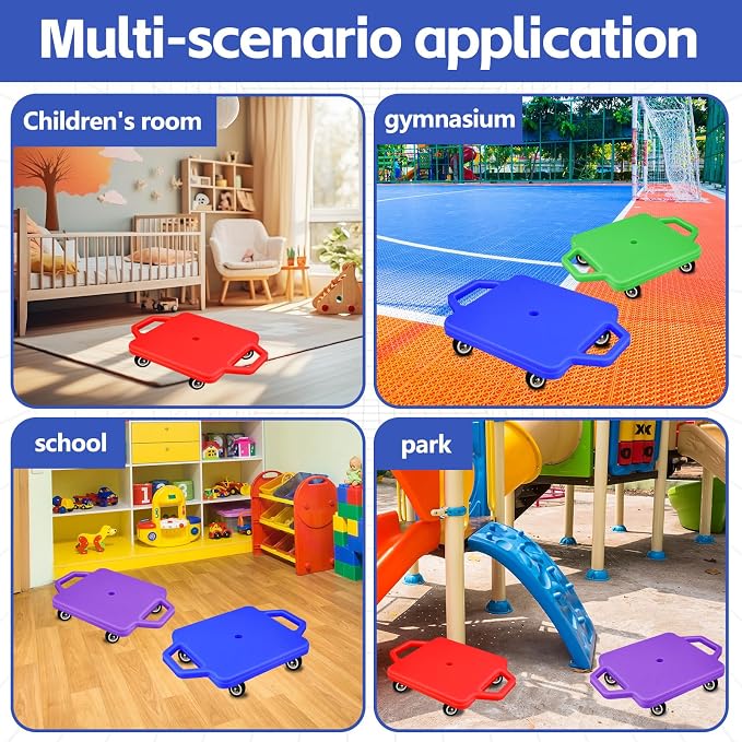4 Pcs Sports Scooter Board with Handles for Kids Non-Marring Plastic Casters Floor Scooter Board Sitting Scooter Board Boy Girl Gym Indoor Outdoor Activities Play(Red,Green,Purple,Blue)