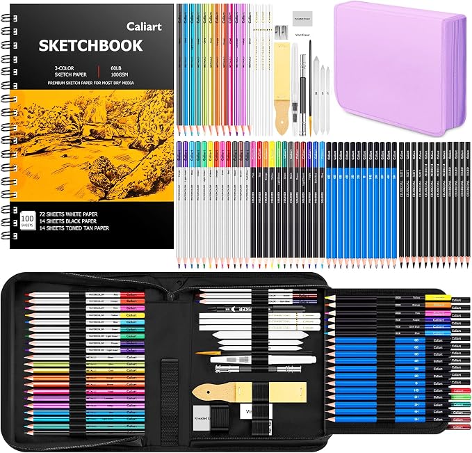 Caliart 176PCS Art Supplies Sketching Kit with 100 Sheets 3-Color Sketch Book, Graphite Colored Charcoal Watercolor & Metallic Pencils, Drawing Supplies Set for Artists Adults Beginners