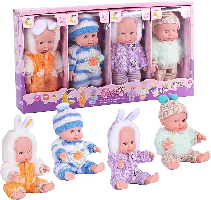 Vueos 4 Pcs 7 Inch Baby Doll Playset with 4 Adorable Clothes, Mini Reborn Baby Dolls Nursery Toys for Toddlers Girls Kids 3+