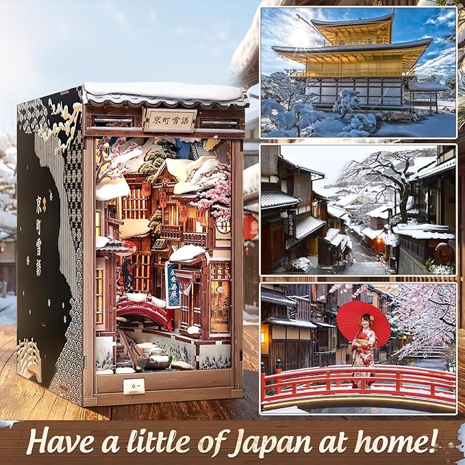 CUTEBEE Book Nook Kit - DIY Miniature House Dollhouse for Adults, Japanese Kyoto Winter Street Scene, Bookshelf Decor 3D Wooden Puzzle Model Kit, Diorama Bookish Gifts (Kyoto Snow Scene)