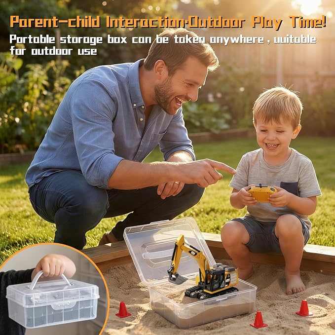 1/64 MINI RC Excavator with Play Sand Box Set,Portable Indoor & Outdoor Construction Truck，Desktop Toy with Lights & Sounds,Gift for Boys Kids 6+ & Adults