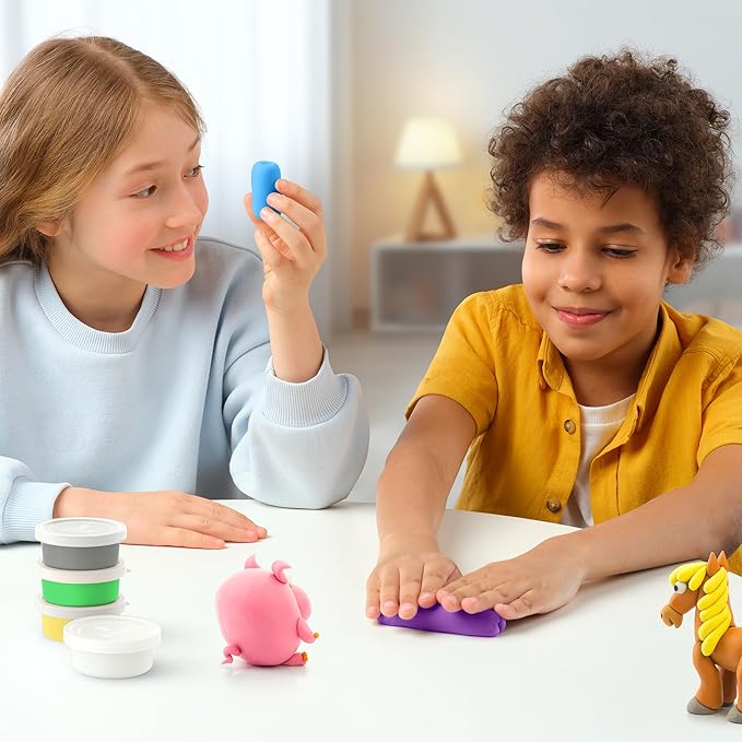 HEY CLAY Modelling Air-Dry Clay with Fun Interactive App - Modeling Clay and Crafts Set for Kids Ages 3 to 8 - Series Animals & Rainbow Unicorns, 3 cans (Animals: Cow)