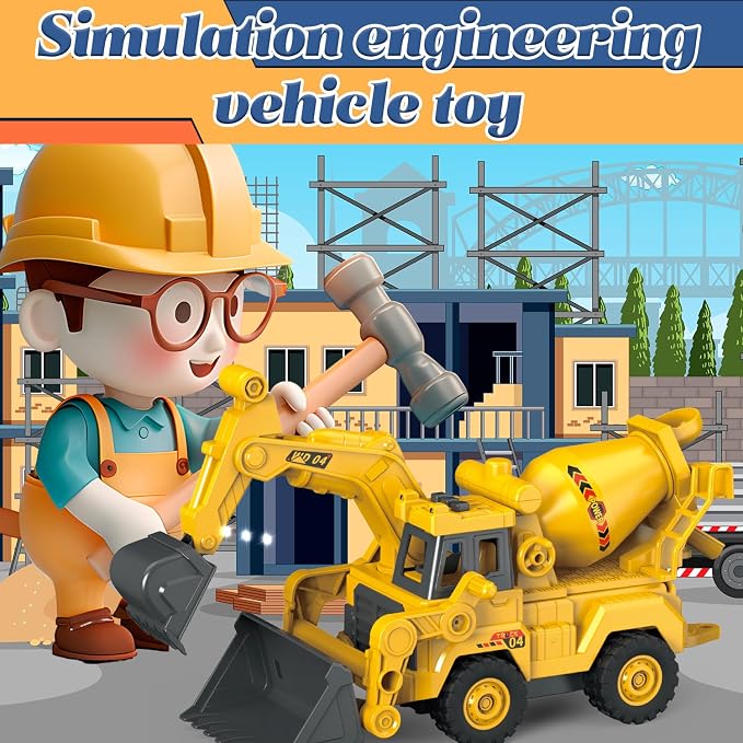 3-in-1 Construction Truck Toy, Excavator & Bulldozer & Cement Mixer, Working Digger Arm, Front Push Blade & Rotating Mixing Drum, Inertia-Powered Push-and-Go, Sandbox Vehicle for Boys Girls Age 3+