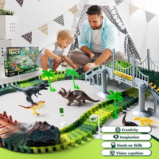 268 PCS Race Tracks Dinosaur Toys for Kids 3-5, Glow in The Dark Magic Toy Set, 2 Dinosaur Cars Track, Flexible DIY Track Set, Birthday Gift for Age 3-9 Boys Toddler Girls