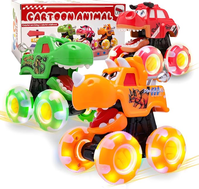 Monster Truck Toy for Kids Toddlers 1-3, Light up Wheels Dinosaur Car Toys, Baby Toy - Press and Go Dinosaur Trucks,Pull Back Vehicle Set for 2 3 4 Year Old Boy Birthday (3 Packs)