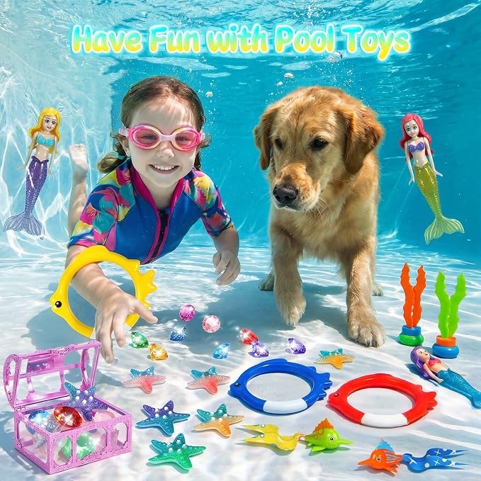 DRAMATION 25 Pcs Pool Diving Toys for Kids Ages 3-12, Mermaid Dive Pool Toys with Diving Gems and Treasure Chest, Diving Rings, Storage Bag, Summer Beach Swim Water Sinking Toys for Boys Girls 3-5 4-8