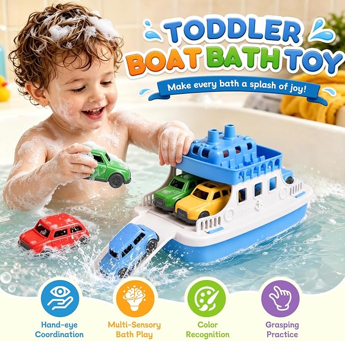 Toy Boat Bath Toys for Toddlers with 4 Mini Car Toys, Kids Water Toys Ferry Boat for Bathtub Bathroom Pool Beach Toys, Birthday Gifts
