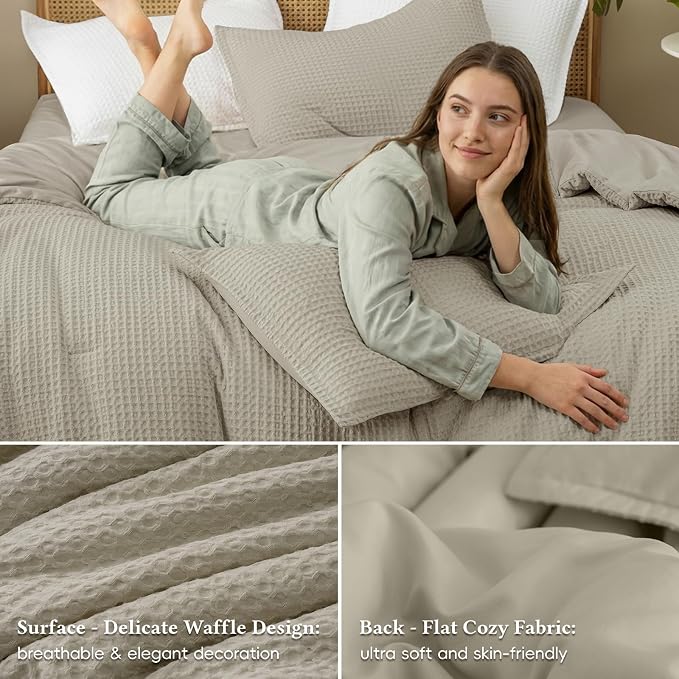 David's Home Waffle Weave Comforter Set 2PCS Twin Size, Soft Breathable Lightweight Cozy Skin-Friendly Warm for All Season, Elegant Aesthetic Home Decor Bedding Set with Pillow Shams, Dusty Sage