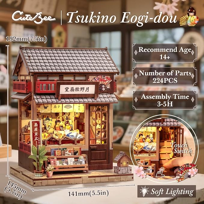 CUTEBEE Book Nook Kit - DIY Miniature House Japanese Fan Shop Dollhouse Kit for Adults and Teens, Booknook Tiny House Bookshelf Decor 3D Wooden Puzzle, Gifts for Family, Friends (Tsukino Eogi-dou)
