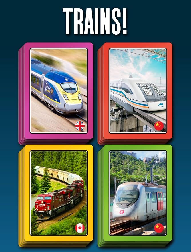 SMART CARDS Trains Card Game. 50 Cards, 7 Games; Pairs, Snap, Trumps, Rummy, Train Trivia Facts Quiz. Top Travel Games, Gift, Stocking Stuffer, Age 5+, 1-8 Players