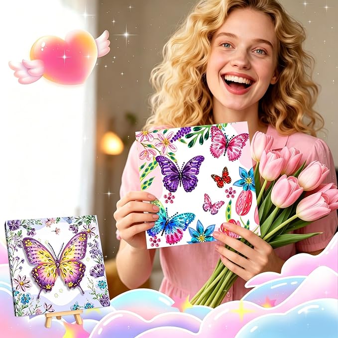 LCOZX 3D Fluttering Butterfly Diamond Art Kit for Kids Ages 8-12–Sparkling Gem Painting with Wooden Stand, Easy Arts & Crafts for Girls & Boys, Unique Birthday Gift & Bedroom Decor