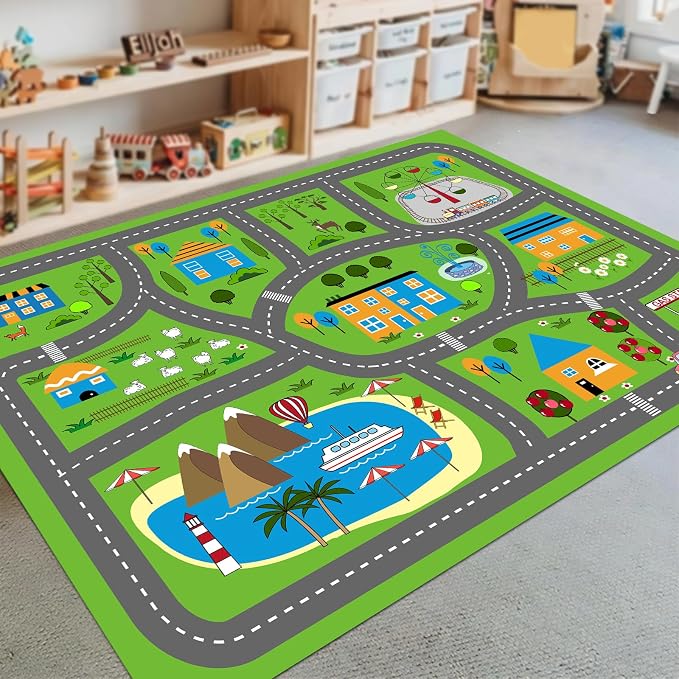 Kids Car Playmat 78.7"X 59", Kids Rug for Playroom Car Mat Town City Road Traffic Rugs, Play Mat for Floor, Extra Large Boys Kid Car Track Play Rug (Style Three, 78.7X 59 INCH)
