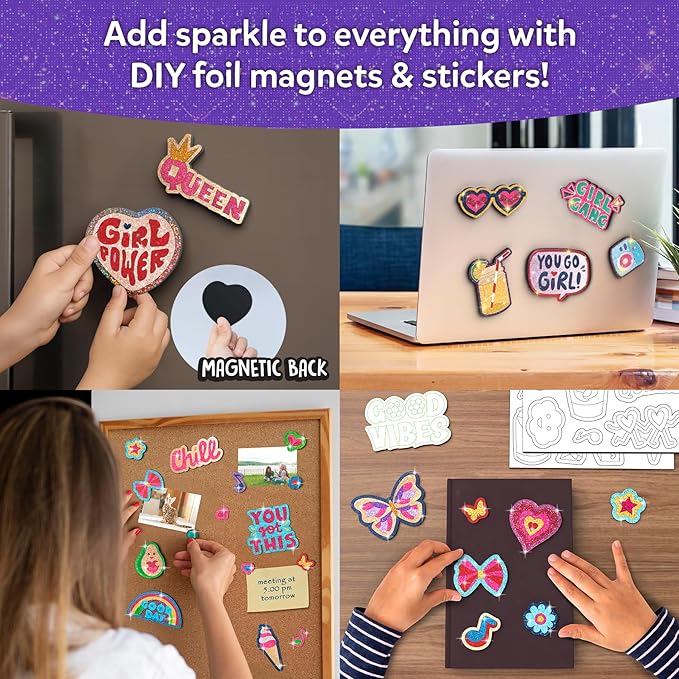 Skillmatics Foil Fun - Girl Power, DIY Foil Art Craft Kit, Mess-Free Activity, 20+ Magnets & 60+ Stickers, Travel, Screen-Free Fun, Party Favor for Kids, Tweens, Teens (Ages 7-13)