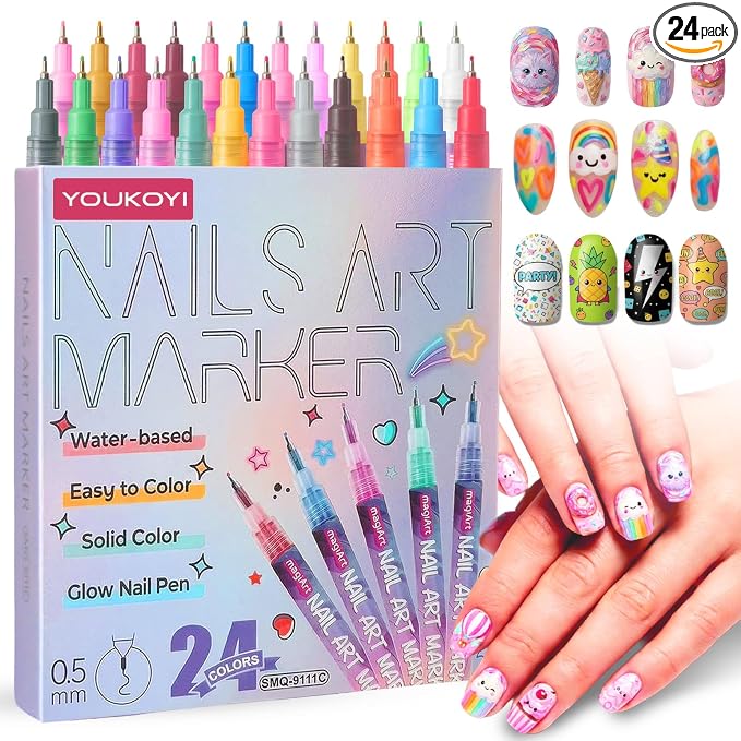 YOUKOYI Nail Art Pens, 24 Colors Precision Tip Nail Art Markers Set Easy to Use for Beginners, Vibrant Quick-Dry Paint for DIY Nail Design & Detailed Drawing - Professional Manicure Tools Kit