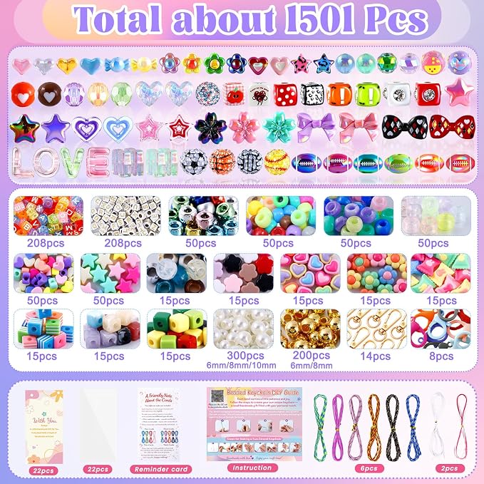 TOHONGADON 1501 Pcs DIY Bag Charm Kit, Colorful Keychain Making Kit,with Key Chain Hooks, Acrylic Balls Heart Star Flower Bow Letter Alphabet Beads, Gift Bags, Manual for Custom Keychains