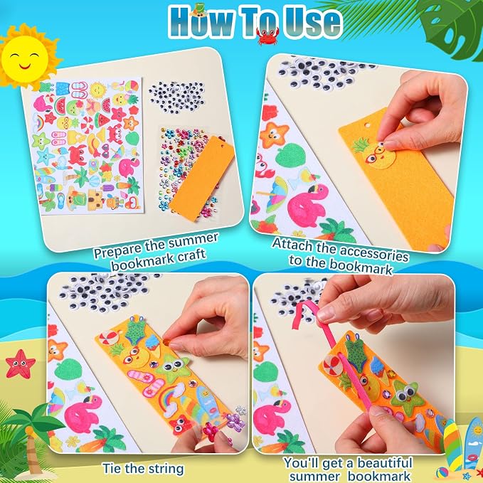 Capoda Summer Bookmark Craft Kits Felt DIY Make Your Own Bookmark with Tropical Fruits Pool Beach Foam Stickers for Classroom Activities Reading Camping Reward Party Favors (36,Summer)