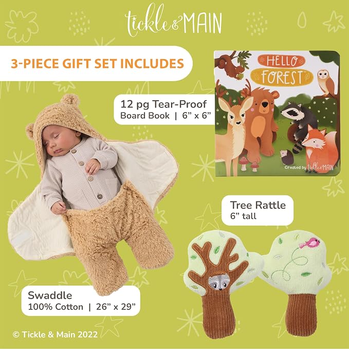 Tickle & Main Forest Animal Newborn Gift Set - 3-Piece, 26 x 29 in Cotton Swaddle Blanket - Plush Tree Rattle & Storybook