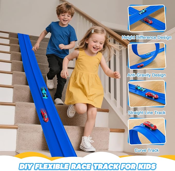 Flexible Race Track for Kids - 15 Ft Flex Track Race Car Tracks with Car Ramp Toy, Fit for Monster Truck Track & Kids' Play Cars, Race Tracks for Toddlers 3+, Gifts for Boys Girls (Dark Blue)