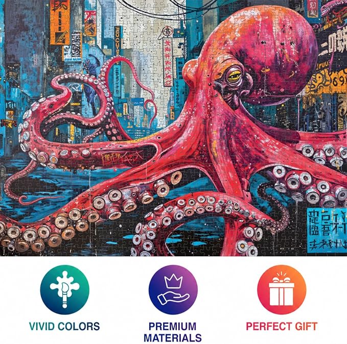 Cross & Glory | 1000 Piece Jigsaw Puzzles for Adults | Octopus City: Neon Overlord │ Cyberpunk Ocean Puzzle for Adults │ Satin Finish Octopus Puzzle 1000 Pieces │ Ages 14+