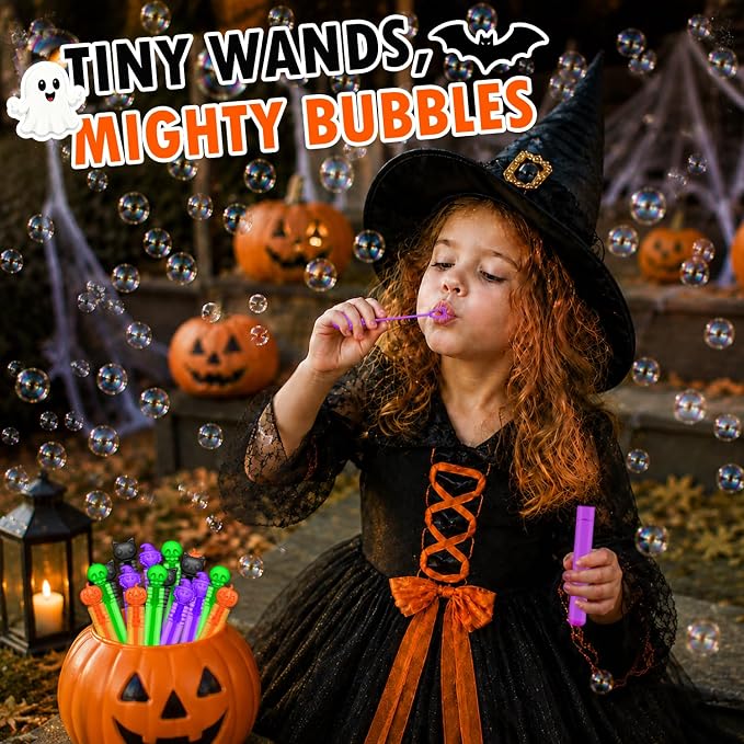 Halloween Treats Non Candy for Toddlers 24 PCS, Mini Bubble Wands Prizes Toys Gifts Bags for Kids, Small Halloween Birthday Classroom Party Basket Goody Bag Stuffer Trinkets Stuff for Boys Girls
