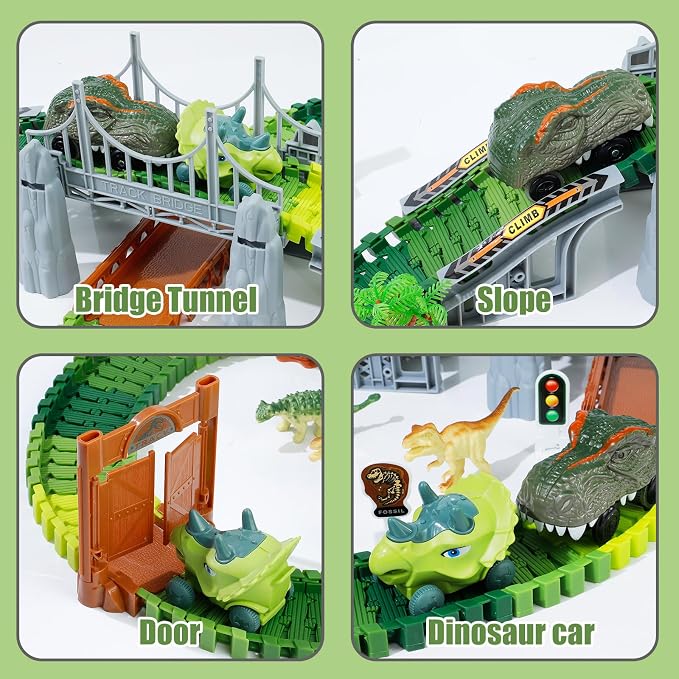 Dinosaur Toys, Dinosaur Race Track for Kids 3-5, Flexible Train Track Playset with Dinos & Cars, Toddler Toys for Ages 3 4 5 6 7 8 9 Year Old Boys Girls, Party Favor Birthday Gift