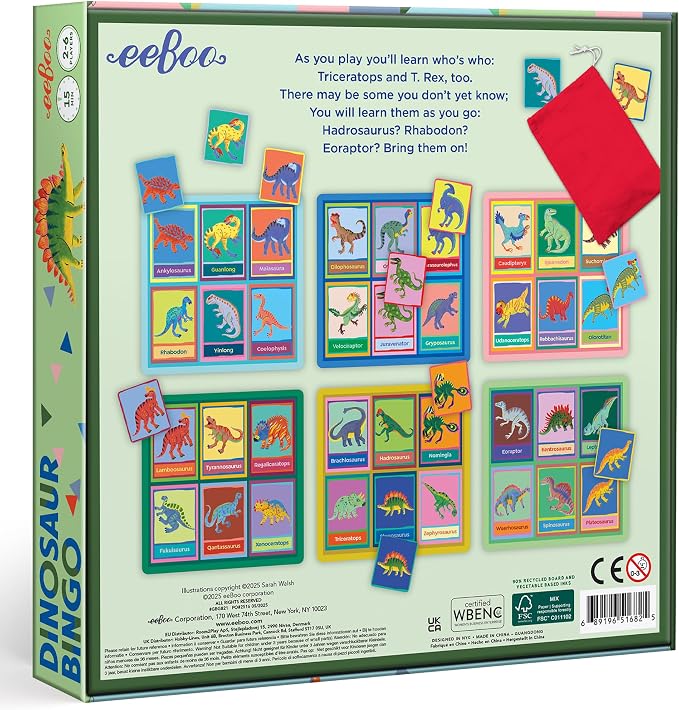 eeBoo: Dinosaur Bingo for Kids Ages 5+, Prehistoric Theme Learning Game that Teaches Dinosaur Names & Builds Vocabulary