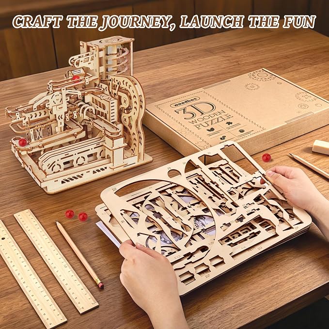 3D Wooden Puzzles Marble Run Model Building Kit, 372PCS DIY City Mechanical Track, Creative Wood Craft Puzzle with Red Marbles, Educational Hobby Gift for Adults & Teens